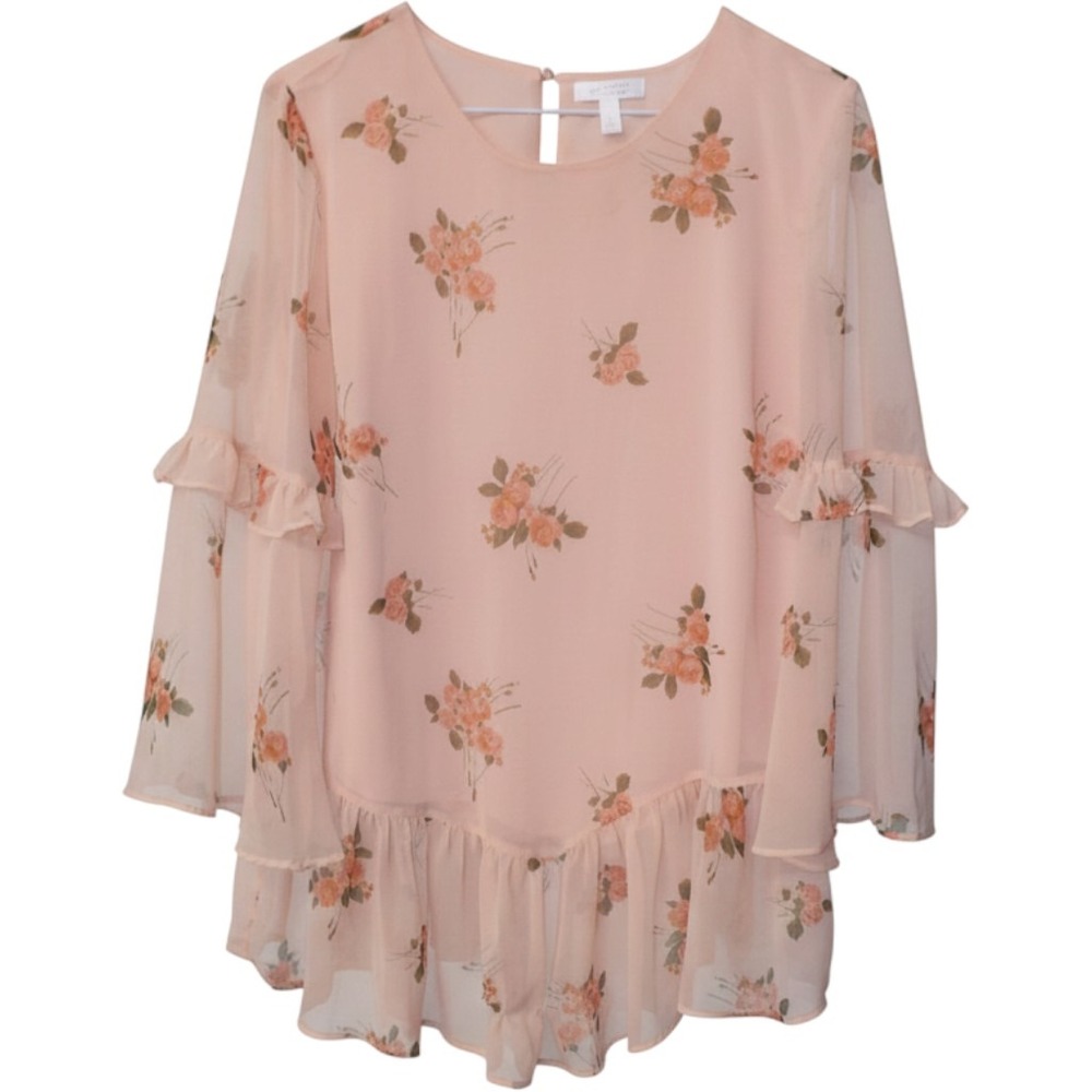 LC Lauren Conrad Peach Floral Ruffle Peplum Blouse 3/4 Tiered Bell Sleeve Large